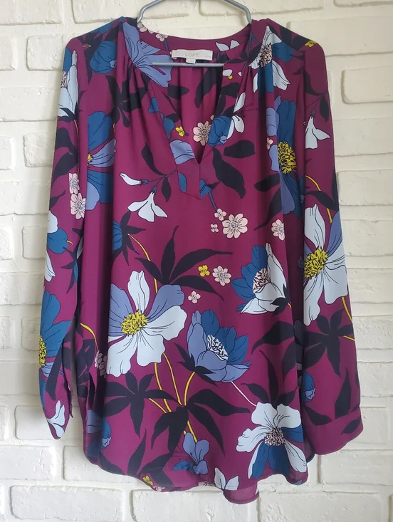 Loft Ann Taylor Flowy Tunic Blouse Long Sleeves Floral Plum Mulberry Wine Med - Picture 14 of 14